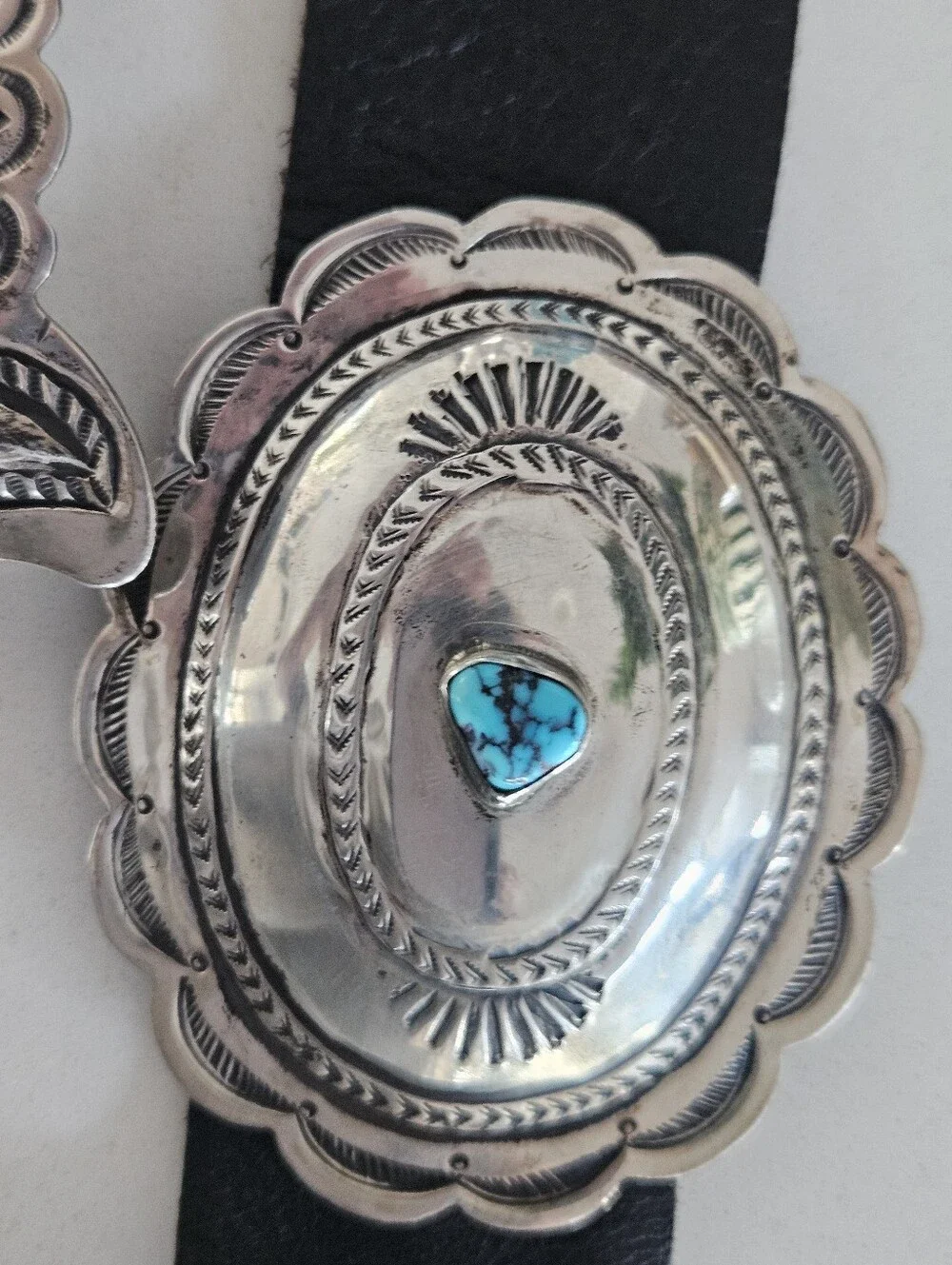 Vintage Navajo Kingman Turquoise Accent Sterling Silver Concho Leather Belt 41